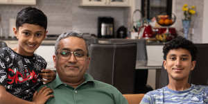 Chirayu Shah and his two boys,Vivaan,13,and Aarin,9 at their Baulkham Hills home. 