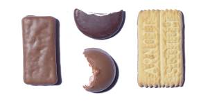 The four semi-finalists in the Good Food Arnott’s chocolate biscuit battle. From left:Tim Tam,Mint Slice (top),Royal,Chocolate Scotch Finger.