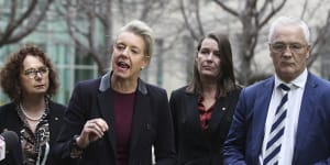 Nationals MP Anne Webster,Senators Bridget McKenzie and Perin Davey,with MP Damian Drum addressing media after the party moved in the Senate to halt water recovery under the Murray Darling Basin Plan. 