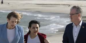 Transport Minister Jo Haylen,left,campaigner Maria Poulos and Attorney-General Michael Daley at Yarra Bay on Friday.