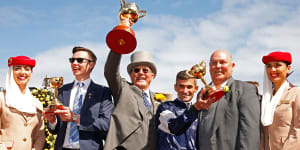 Joseph O’Brien (left),pictured with Lloyd Williams after winning the 2017 Melbourne Cup with Rekindling.