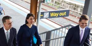 Transport Minister Andrew Constance and Premier Gladys Berejiklian at Sydenham station on Wednesday.