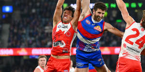 Marcus Bontempelli was thrown forward as injuries bit the Dogs.