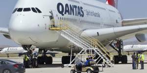 A Qantas A380 is parked up at a storage facility in California.