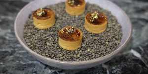 Pastry shells containing Forged Parfait with a brulee topping.