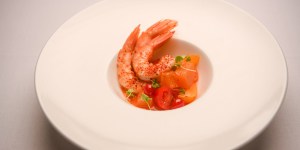 King prawns with a tomato-jalapeno liquor and a sweet crunch of melon.