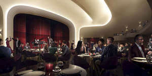 A proposed design for the interior of the Metro-Minerva converted to a Paris-style cabaret room. 