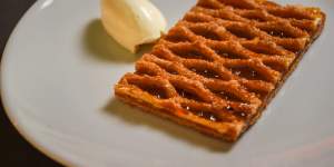 Apricot crostata is among a short dessert menu that also features fior di latte soft-serve.