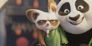 Shifu,voiced by Dustin Hoffman,left,and Po,voiced by Jack Black in a scene from Kung Fu Panda 4. 