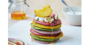 ​Ease,taste and gut-love flipped into one:Eat-the-rainbow pancake stack.