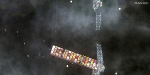 This satellite image provided by Maxar Technologies shows a view of the Francis Scott Key Bridge that was struck by a container ship in Baltimore,Maryland.