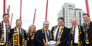 Rugby Australia’s successful bid team in Dublin on Thursday;(from left) Patrick Eyers,Phil Kearns,Pip Marlow,Andy Marinos,Hamish McLennan,Brett Robinson and Anthony French.