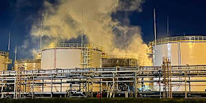 Smoke rises from an oil refinery in southern Russia after a drone attack.