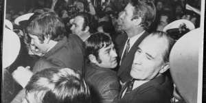 Student activisits lay siege to Malcolm Fraser at Monash University.