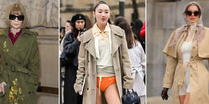 US ‘Vogue’ editor Anna Wintour,model Korlan Madi and actor Julia Fox are part of the trench coat army.