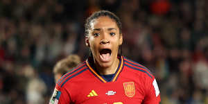 Salma Paralluelo celebrates after scoring to put Spain ahead.