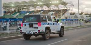 Chinese-funded police vehicles outside Honiara stadium. 
