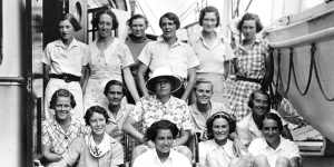 The Australian team relaxing on board the ship Jervis Bay en route to England in 1937. Peggy Antonio is second from the left in the front row.