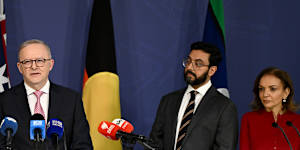 Prime Minister Anthony Albanese with Aftab Malik,the special envoy to combat Islamophobia,and Multicultural Affairs Minister Anne Aly.