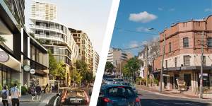 Composite - Artist impressions of the Edgecliff Commercial Centre Strategy. Image supplied (Andrew Taylor) New South Head Road,shot from Rushcutters Bay Park and looking towards Edgecliff Station. Photographed Friday 18th June 2021. Photograph by James Brickwood. SMH NEWS 210618