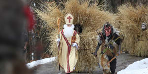 In southern Germany,Saint Nicholas and a scary Krampus step out to meet villagers,accompanied by a local creature in straw called Buttnmandl or Shaking Man,who drives away evil spirits and wakes up nature.