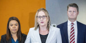 Premier Jacinta Allan speaking to the media on Tuesday,with Deputy Premier Ben Carroll,right,and the incoming member for Mulgrave,Eden Foster,left.