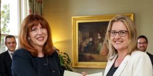 Victoria’s new Premier Jacinta Allan is sworn in by the Governor of Victoria Professor Margaret Gardner at Government House.