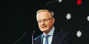 Reserve Bank of Australia Governor Philip Lowe giving his final speech during the Anika Foundation event in Sydney on September 7.