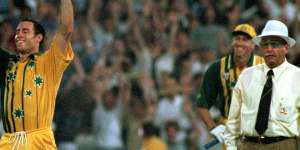 The moment that captivated:Michael Bevan celebrates his four off the last ball to take Australia to victory over the West Indies in an ODI at the SCG in 1996.