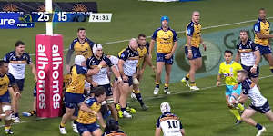 Electrician Chris Mickelson scores a try on his Brumbies debut.