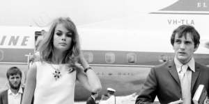English model Jean Shrimpton and her companion,actor Terence Stamp,arriving at Essendon Airport for Melbourne Cup week on October 30,1965. 