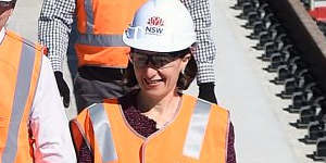 Premier Gladys Berejiklian,right,and Transport Minister Andrew Constance tour the Skytrain viaduct at Rouse Hill.