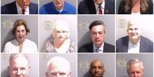 Mugshots of Donald Trump and 11 of the 18 people charged with him. Top row from second left:Ray Smith,Rudy Giuliani,Jenna Ellis. Middle row from left:Sidney Powell,Cathy Latham,Kenneth Chesebro. Bottom row from left:David Shafer,Scott Hall,John Eastman,Harrison Floyd,Mark Meadows.
