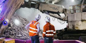 Transport Minister Mark Bailey inspects work on Cross River Rail’s underground train station at Roma Street. 