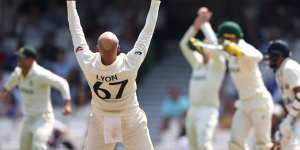 Elation for Nathan Lyon and the Australians after the dismissal of Mohammed Siraj.