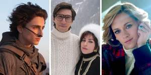 From left:Timothee Chalamet in Dune,Adam Driver and Lady Gaga in House of Gucci and Kristen Stewart as Princess Diana in Spencer.