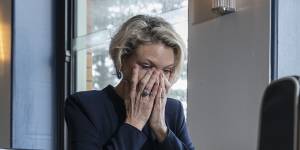 Warringah candidate Katherine Deves becomes emotional during an interview with the Herald on Thursday. 