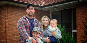 Photo of James Daglish with partner Kimberly Mattuchio and children Carter Daglish and Archi Daglish in front of their newly purchased home in Frankston on Sunday 1 May 2022