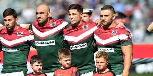 Tim Mannah,Mitchell Moses and Robbie Farah playing for Lebanon at the 2017 World Cup.