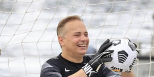 Mark Bosnich pulled on the gloves on Monday,in the middle of Darling Harbour.