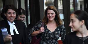 Greens Senator Sarah Hanson-Young (centre) and her barrister,Sue Chrysanthou SC (left) outside court.