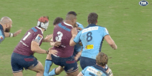 Lachlan Swinton lets Taniela Tupou know what he thinks in last Friday's match in Brisbane. 
