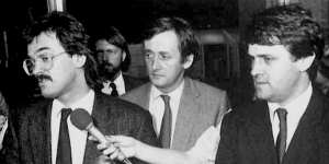 Malcolm Turnbull with (from left) writer Paul Greengrass,publisher Sandy Grant (obscured) and solicitor David Hooper at the Spycatcher trial. 