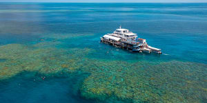Aerial view of Sunlover Reef Cruise moored at Moore Reef pontoon