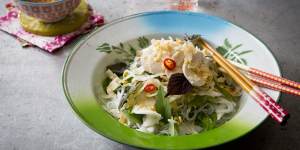 Lunch on a hot day:Poached chicken salad with young coconut,vermicelli and Vietnamese mint.