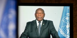 Cyril Ramaphosa,South Africa’s president,speaks in a prerecorded video during the United Nations General Assembly via live stream.