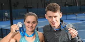 De Minaur with Ash Barty in 2018 when they shared the Newcombe Medal,the top individual honour in Australian tennis.