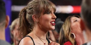 Taylor Swift watches the celebration on the field after the NFL Super Bowl 58 football game between the Kansas City Chiefs and the San Francisco 49ers,Sunday,Feb. 11,2024,in Las Vegas. The Chiefs won 25-22 against the 49ers. 