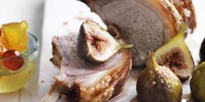 Roast rack of pork with fresh figs.