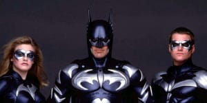 George Clooney as Batman with Alicia Silverstone as Bat Girl and Chris O’Donnell as Robin from Batman&Robin.